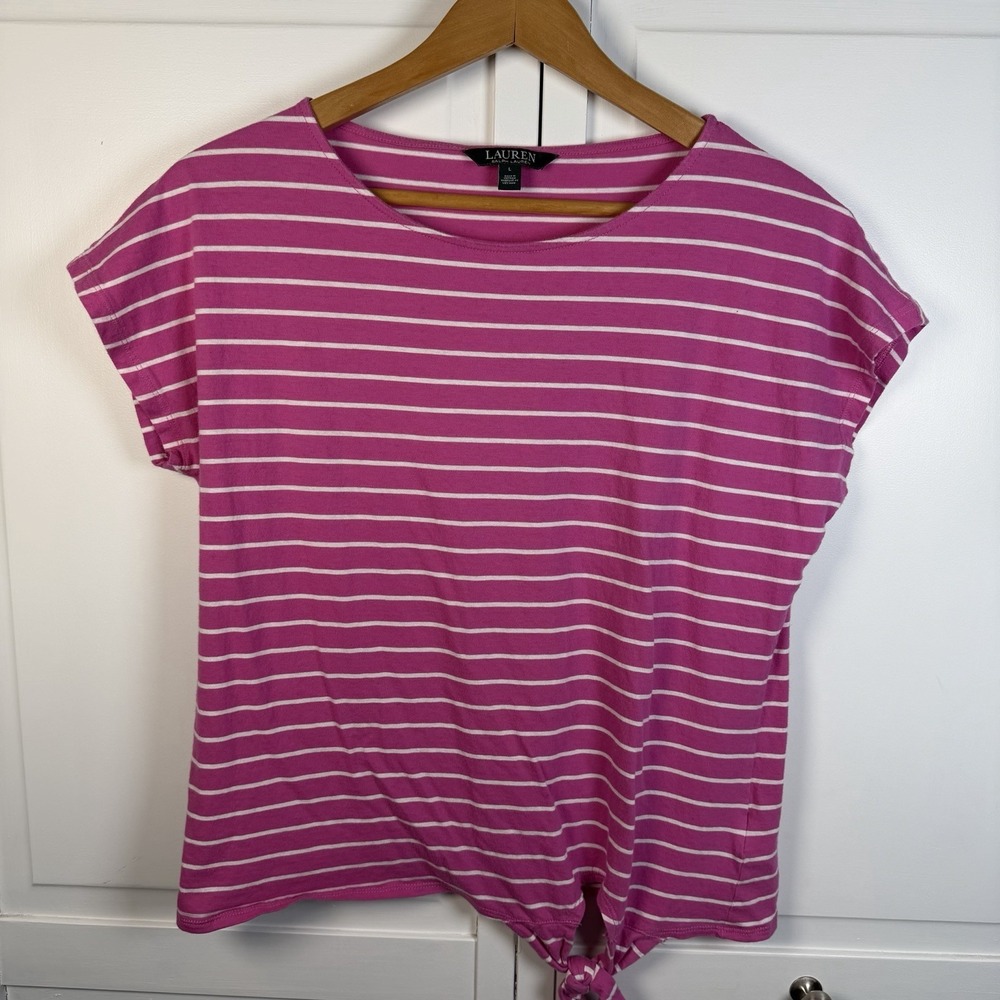 Lauren Ralphโ Lauren Pink Striped Tie Hem Top Sz Large Preppy Casual Relaxed Fit